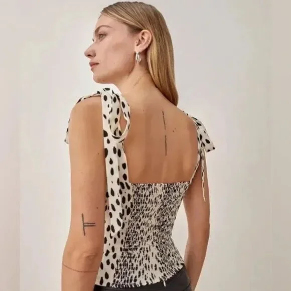 Reformation Women's Cream Black Cheetah Print Ellora Top Size 0 NWOT - Picture 2 of 7